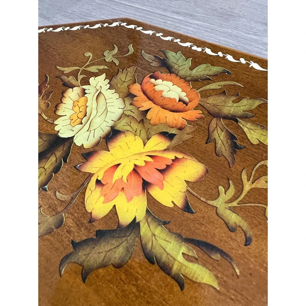 Vintage 1970s Wooden Octagonal Painted Flower Jewelry Box With Mirror 8x6x2.5